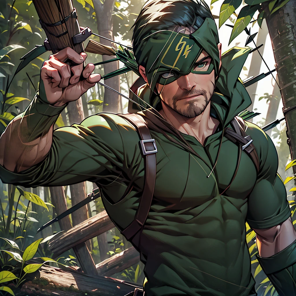 32k, high quality , detailed face , detailed fingers ,detailed muscles (((stephen amell))) as (((green arrow))) , wearing dark green forest suit , having a dark blond short hair , a thick well groomed facial hair, a bulge ,hunk and handsome, shooting with his bow and arrow toward the ennemy , with the quiver on his back full of arrows , background a lush forest and trees
