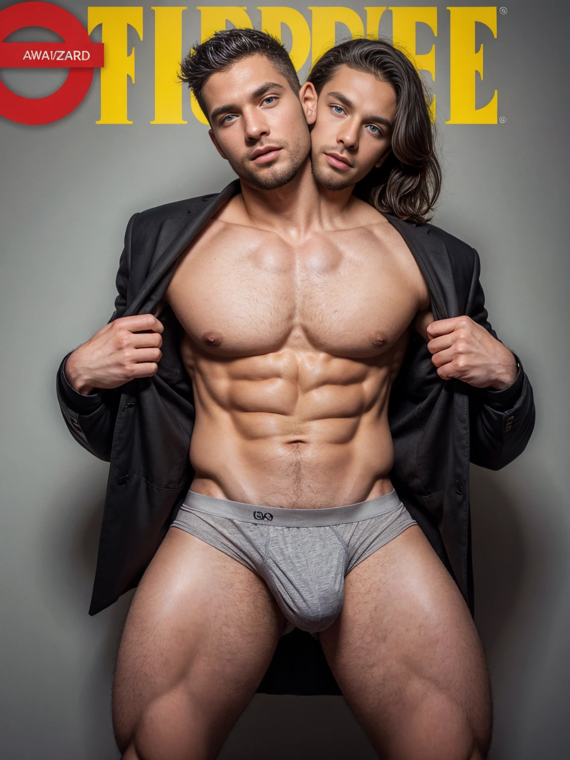 Handsome man!Black low waist briefs!Strong muscles!穿Black low waist briefs!Perfect human body!strong!Tattoo!silver hair and black hair!Goatee!!blue eyes!Background high fashion gray!poster!Award-winning workultiplayer!Embrace!magazine cover