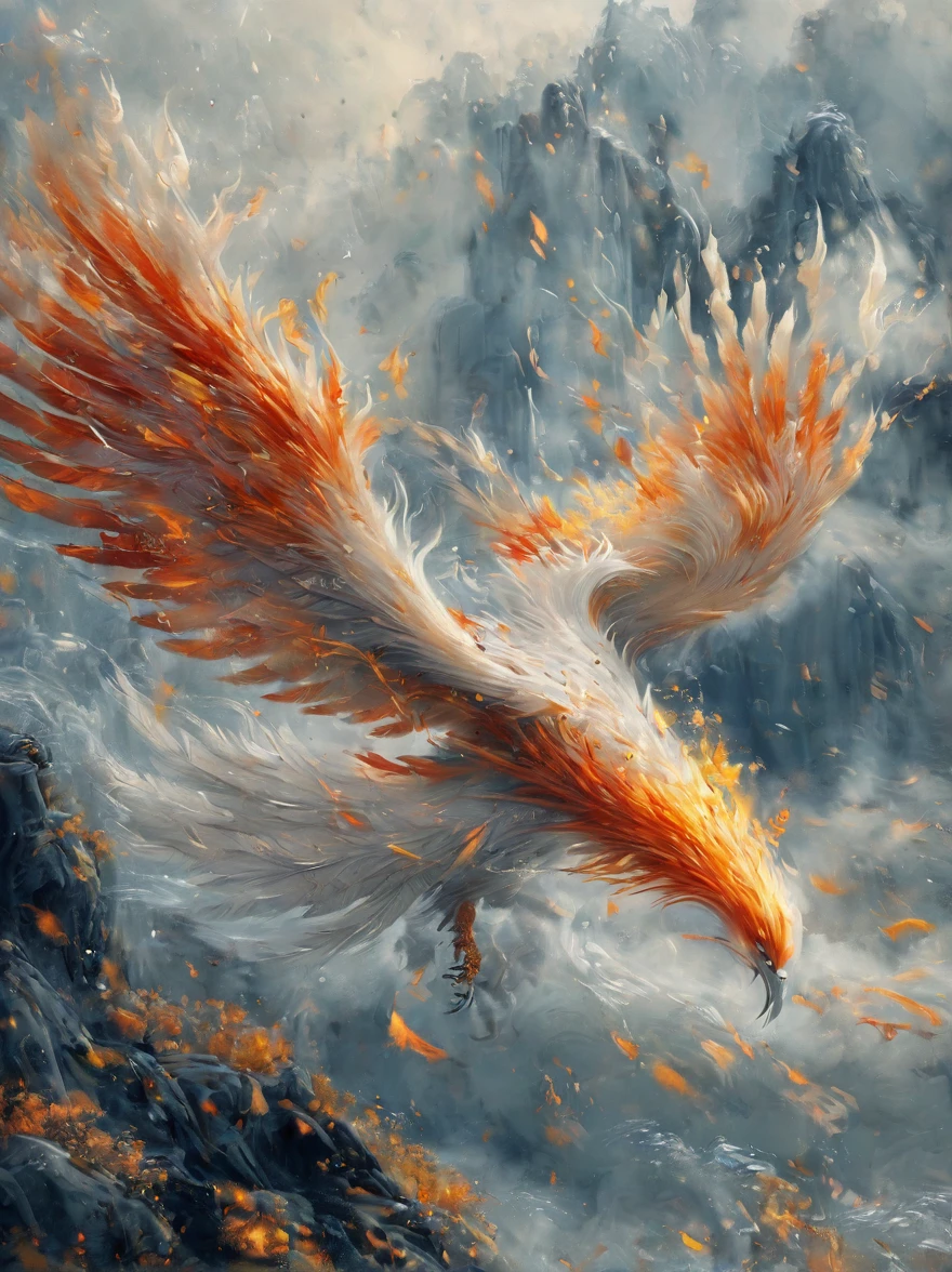 Phoenix sleeps on the water, flames, high quality, detailed white phoenix