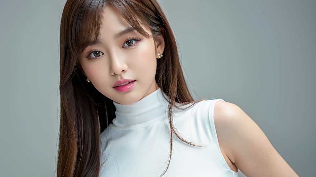 ((Detailed face)),vivid,cute,A silky white outfit with a turtleneck and sleeveless top,4K,Ultra-high resolution,(Photorealistic:1.7),Gray background,Long Hair,