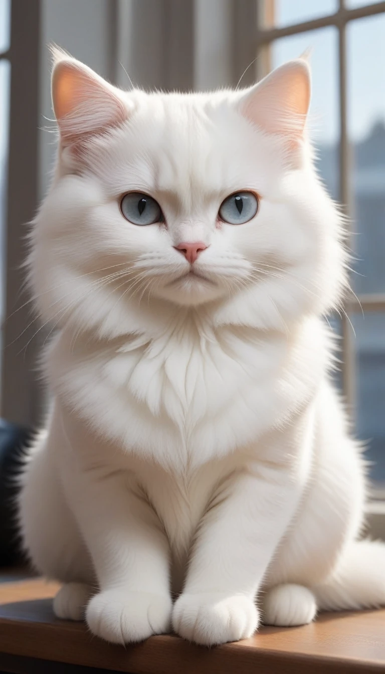 "A cute white cat named Milk with fluffy fur, sitting by a window and gazing dreamily at a boxing gym. The gym is filled with strong, determined boxers training hard. Milk looks small but has a determined expression."
