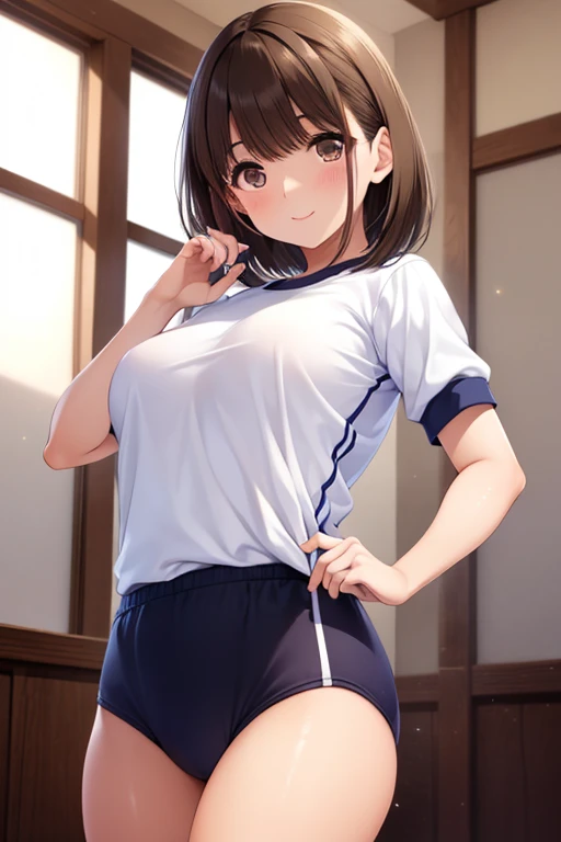 nsfw,anegasaki nene、Shiny brown hair, short hair, (Beautiful brown eyes)、smile、Sparkling eyes, (Fine grain)、Ultra-detailed eyes、Highly detailed face, Highly detailed eyes,Cowboy Shot、Short sleeve cropped gym uniform、buruma:1.5