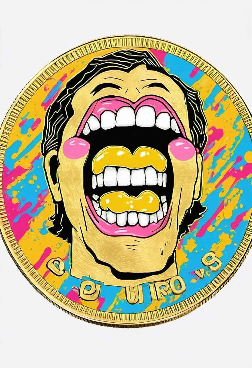 low quality、Pop Art、(One coin)、The coin has a mouth、Only a mouth、Teeth are visible、gold、Logo、central、big、Background is white