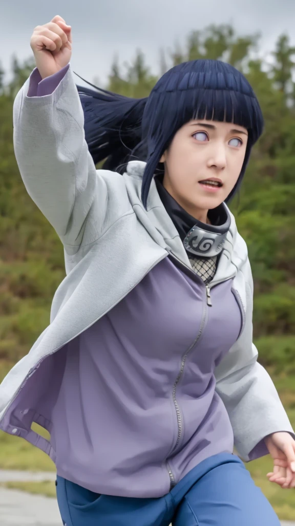 masterpiece, absurdres, 1girl, hinata\(shippuden\), solo,hooded jacket, fishnets, headband around neck, looking at viewer, floating hair, wind, blue pants,