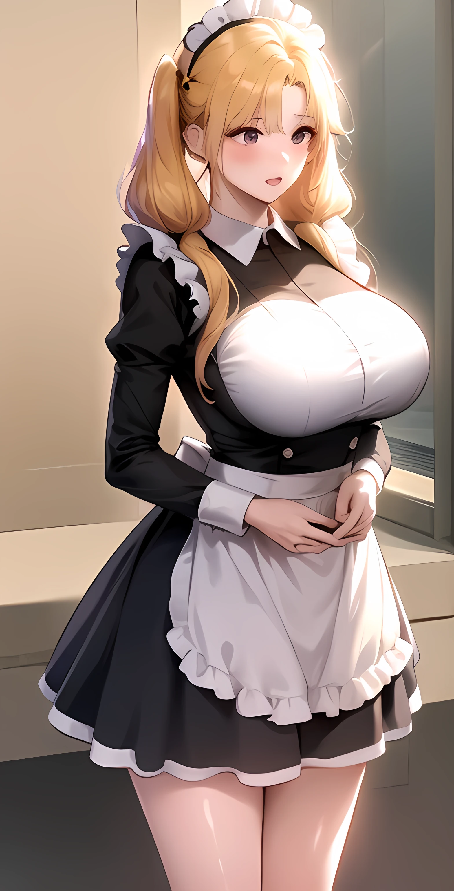 score_9, score_8_up, score_7_up, score_6_up, score_5_up, score_4_up, mature woman, bada, 1girl, solo, blonde hair, long hair, blush, hetero, huge breast, twintails, 1girl, solo, maid, maid_headdress, apron, long_sleeves, dress, maid_apron, standing, looking_at_viewer, black_dress, black_footwear, frills