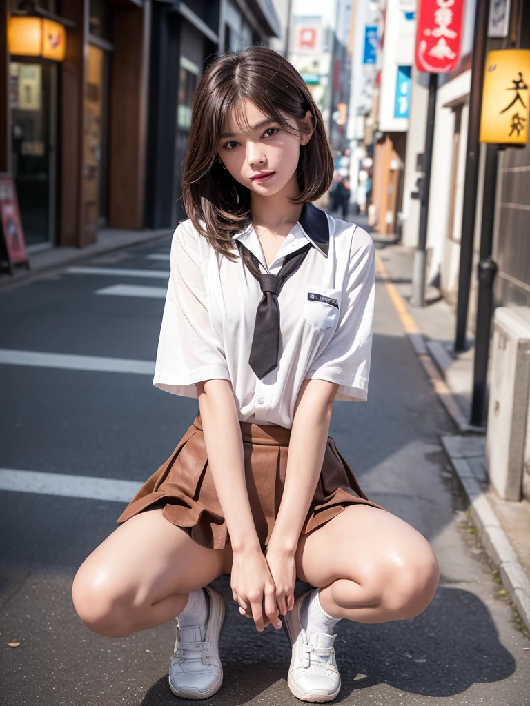 in 8K,top-quality,Real Image,intricate detailes,超A high resolution,Depth Field,masuter piece,natural soft light,profetional lighting,1 girl in,(cute little:1.2),an extremely beautiful 12-year-old girl,A detailed eye,((Brown-eyed)),(Brown hair),(short-haired),(bangslawless skin,shinny skin,fair white skin,Fine skin,large full breasts,((perfect anatomia,nice hand,perfect hand,Five fingers connected to the palm of the hand,accurate hands without incongruity)),Perfect raw legs,delicate legs,perfectly proportions,A sexy,Chest visible,((Japan uniform)),((School Uniforms mini Skirt)),(neck tie),Black socks,Chano Leather Shoes,Squatting deep in the city,The crotch visible,Show me your panties around town,both legs are bent,The legs are spread in an M shape,,I can see panties,Delicate thighs visible from the front