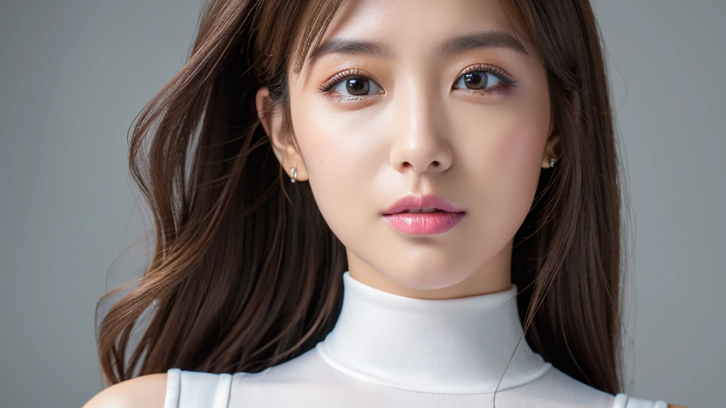 ((Detailed face)),vivid,cute,A silky white outfit with a turtleneck and sleeveless top,4K,Ultra-high resolution,(Photorealistic:1.7),Gray background,Long Hair,