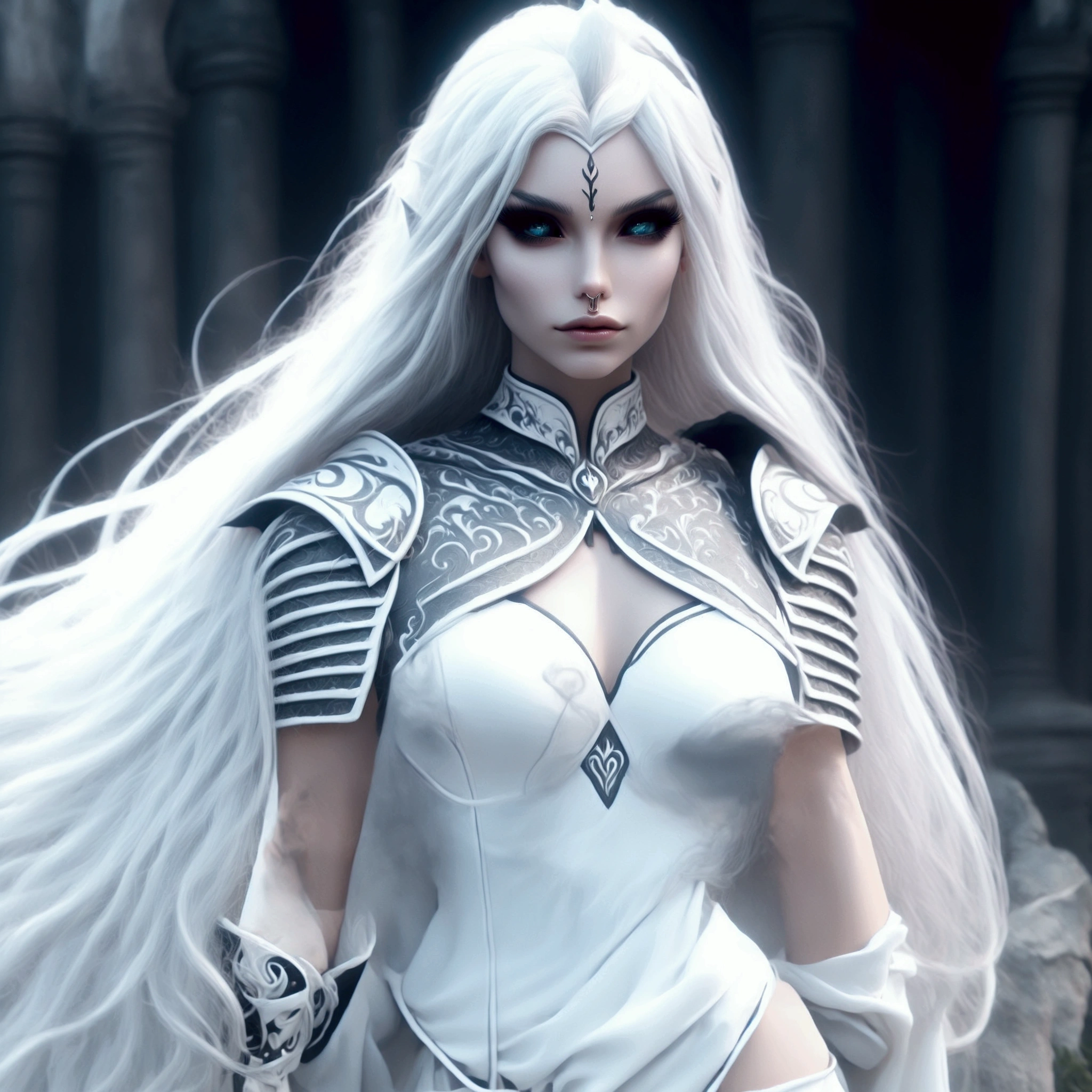 a close up of a woman in a white costume with long white hair, detailed white long hair, white armor, alluring elf princess knight, elven warrior princess, elven character with smirk, beautiful and elegant female elf, 2. 5 d cgi anime fantasy artwork, epic exquisite character art, epic fantasy art style hd, stunning character art, fantasy paladin woman