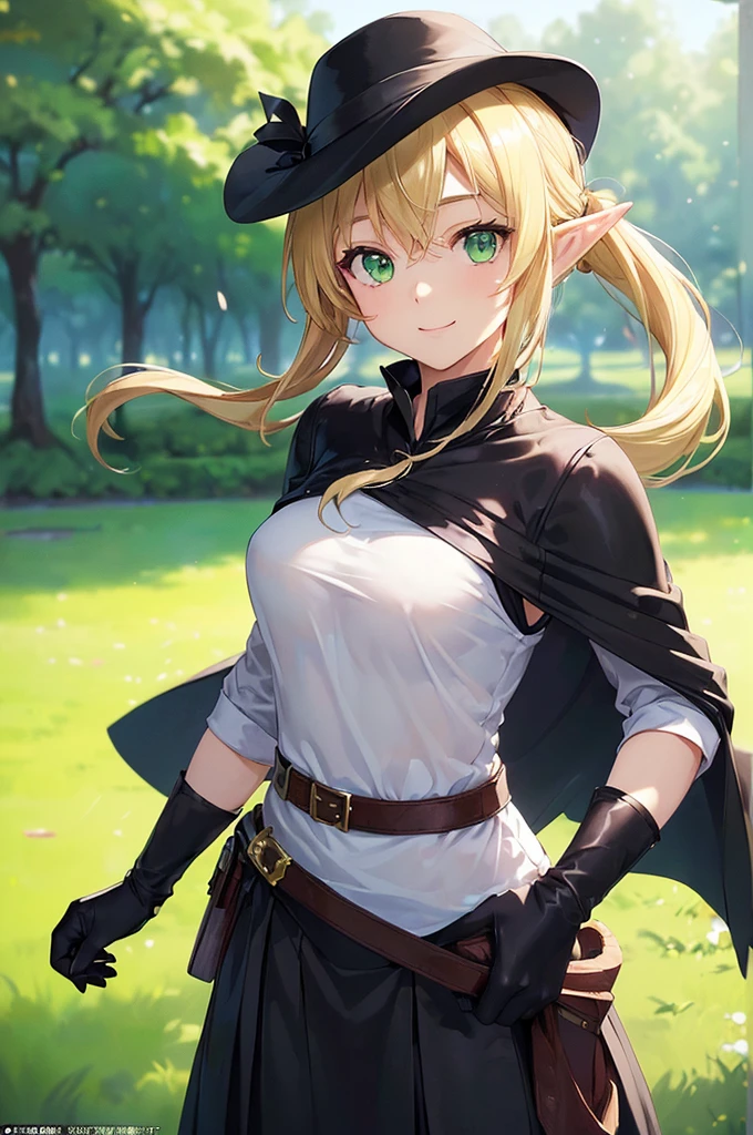 (((masterpiece; best quality: 1.2))), (finely detailed eyes: 1.3), (25 year old elf woman), (solo), (green eyes: 1.4), (body; buxom, fit, femenine: 1.3), (silky blonde hair in low ponytail: 1.3), (beautiful and clear background: 1.2), ((depth of field)), (equipment: adventurer attire + modest + wide-brimmed hat + black shirt+ black cape + black long skirt + gloves + belt + pouches: 1.3), (anime illustration: 1.2), (background composition; royal garden: 1.1), (extremely fine and beautiful: 1.1), (shot composition; standing + centered on torso + close-up: 1.5), (expression; calm, smile: 1.2)