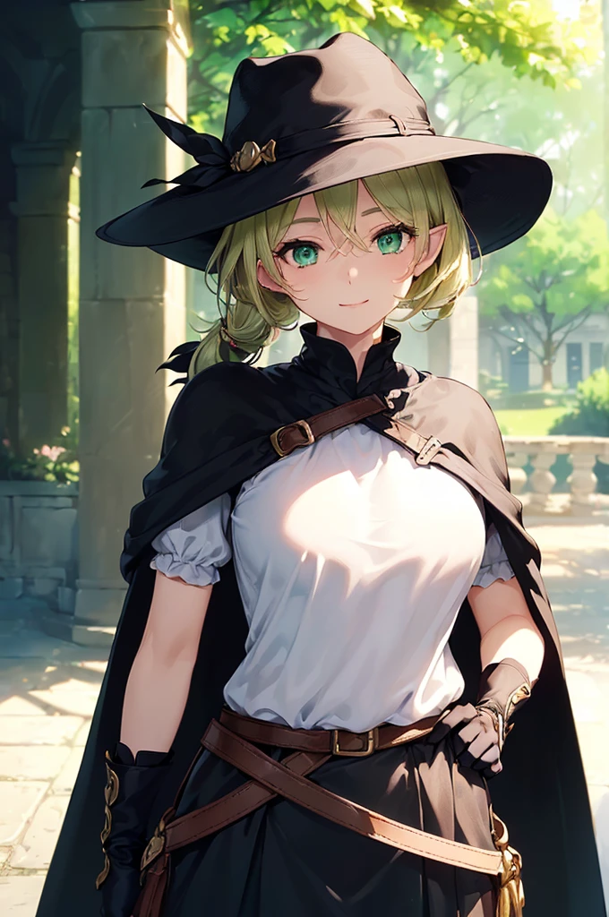 (((masterpiece; best quality: 1.2))), (finely detailed eyes: 1.3), (25 year old elf woman), (solo), (green eyes: 1.4), (body; buxom, fit, femenine: 1.3), (silky blonde hair in low ponytail: 1.3), (beautiful and clear background: 1.2), ((depth of field)), (equipment: adventurer attire + modest + wide-brimmed hat + black shirt+ black cape + black long skirt + gloves + belt + pouches: 1.3), (anime illustration: 1.2), (background composition; royal garden: 1.1), (extremely fine and beautiful: 1.1), (shot composition; standing + centered on torso + close-up: 1.5), (expression; calm, smile: 1.2)