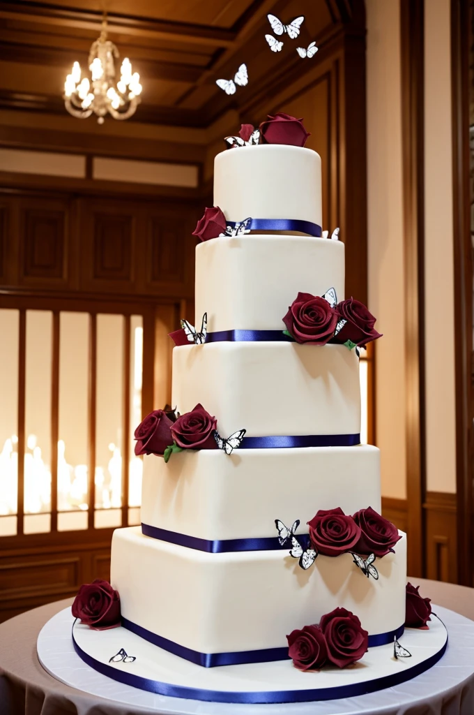 3 tier cake, The first two floors are round and the third floor is square., roses texture, with plastic butterflies, first floor wine color, Second floor white and third floor wine color