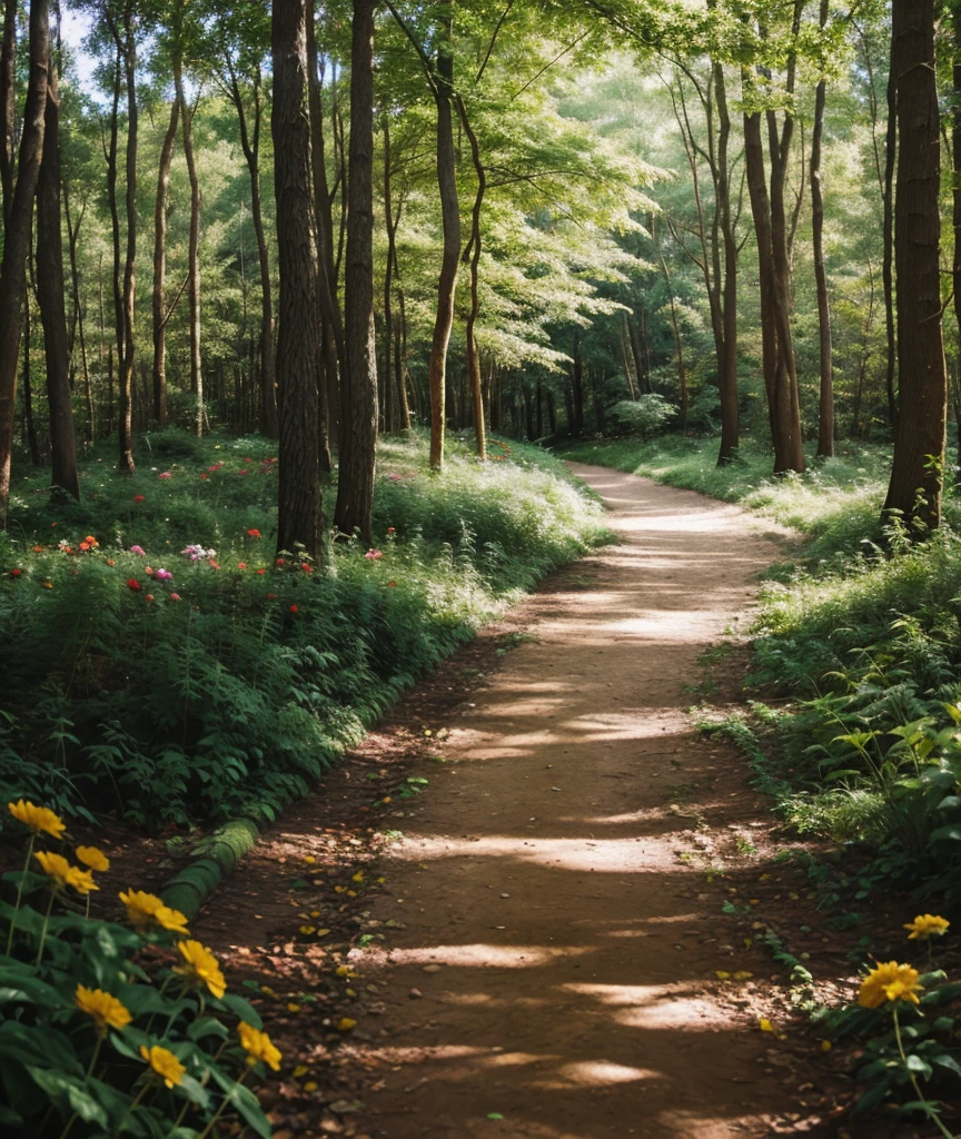 A forest full of flowers, path in forest, Grandma's house in the background, Chubby white little red riding hood,White and beautiful cheeks, Straight and long hair.