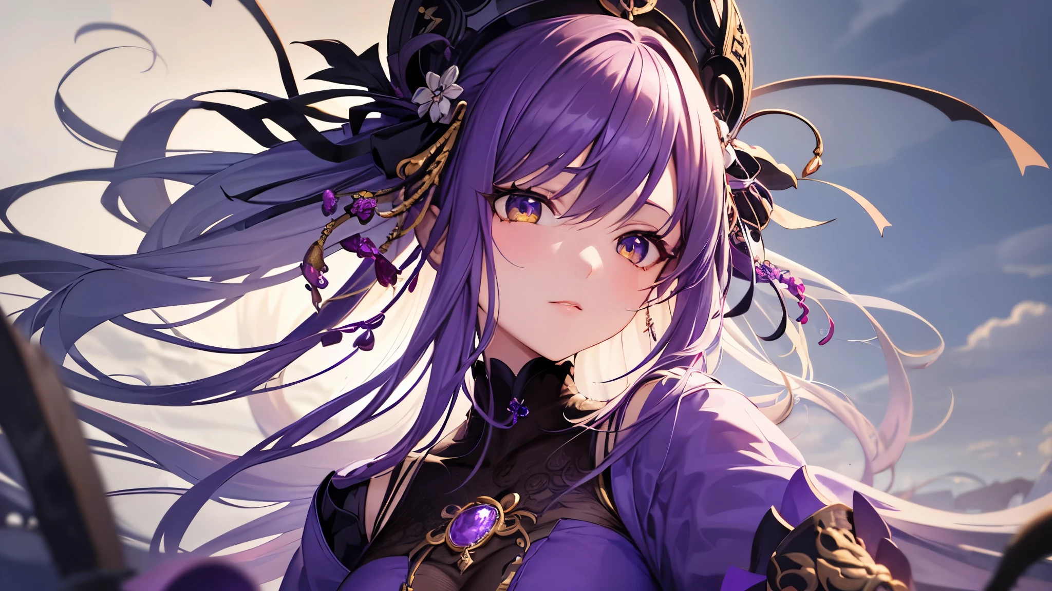 Highest quality, 8k, 4K, High resolution, High Contrast,1girl,only,Beautiful dark purple hair,(Beautifully detailed face), Yellow clear eyes, beautiful eyes, A gentle expression of love, ２０generation, Beautiful breasts, Wearing an amethyst, Deep purple gemstone, Based on purple, Precise landscape, Noble Japanese Clothing