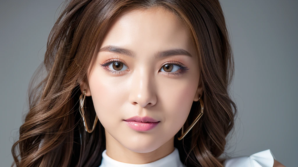 ((Detailed face)),vivid,cute,A silky white outfit with a turtleneck and sleeveless top,4K,Ultra-high resolution,(Photorealistic:1.7),Gray background,Long Hair,