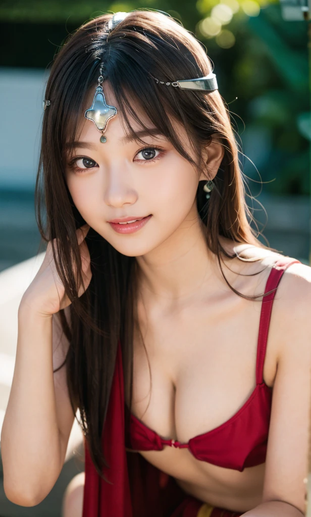 a warrior girl, circlet, bikini top, pelvic curtain, loincloth, earrings, bracelet, high resolution, cinematic, raw photo, masterpiece, intricate, beautiful face, beautiful lips, looking at viewer, tight cleavage, colossal tits, smiling