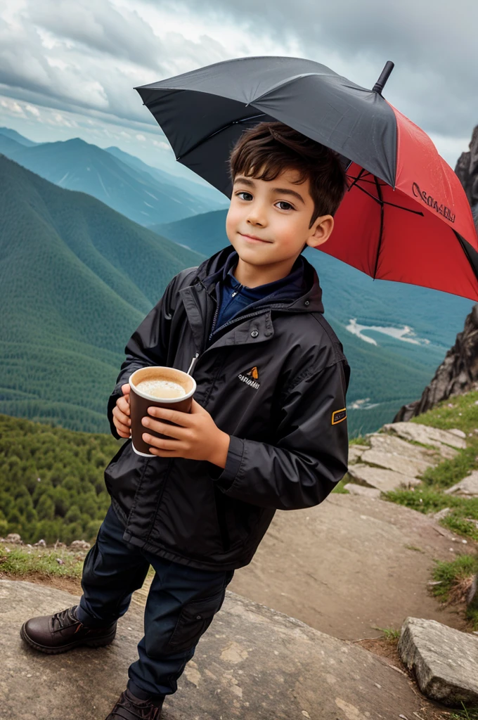 Boy on mountain holding a cofee and a umbrella