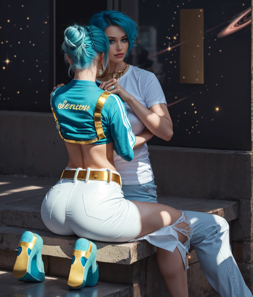 adult french milf woman with cyan blue hair, space bun haircut, gold T-shirt, white trousers, gold belt, sitting and hold a men