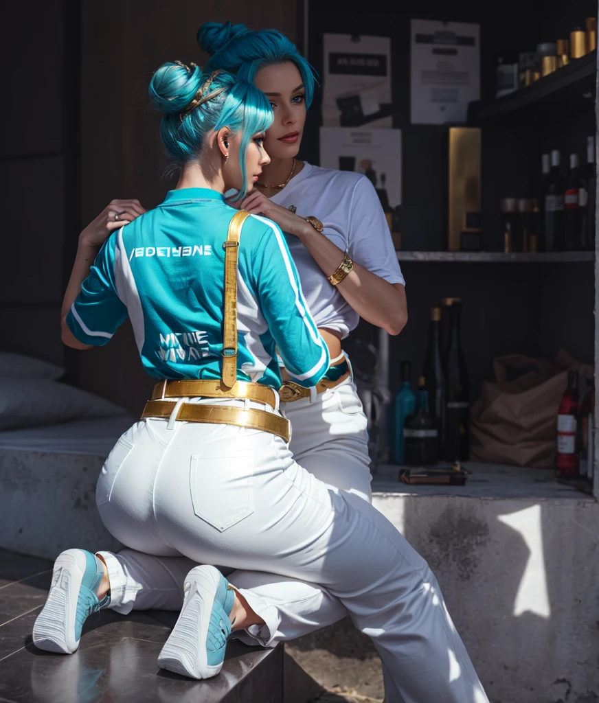 adult french milf woman with cyan blue hair, space bun haircut, gold T-shirt, white trousers, gold belt, sitting and hold a men