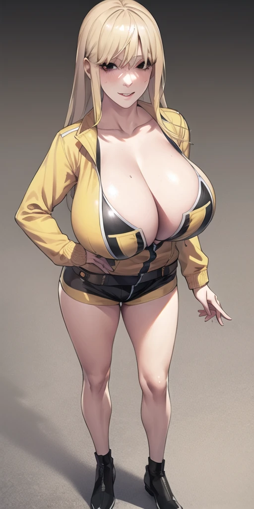 full body, (masterpiece), (best quality), ultra high res, ultra detailed, detailed eyes, intricate, 1girl, blond hair, looking at viewer, huge breasts, cleavage, collarbone, denim, denim shorts, jacket, long sleeves, ((open clothes)), open jacket, partially unzipped, yellow jacket, shirt, short shorts, shorts, tank top, track jacket, unzipped, ((huge breasts, big hips, tight clothes, cleavage, looking at the viewer)), (abs:0.8), blushed, underboob (realistic:1.2), (realism), (masterpiece:1.2), (best quality), (ultra detailed), (8k, 4k, intricate), (85mm), light particles, lighting, (highly detailed:1.2), (detailed face:1.2), (gradients), colorful, (detailed eyes:1.2), (detailed background), detailed landscape, 