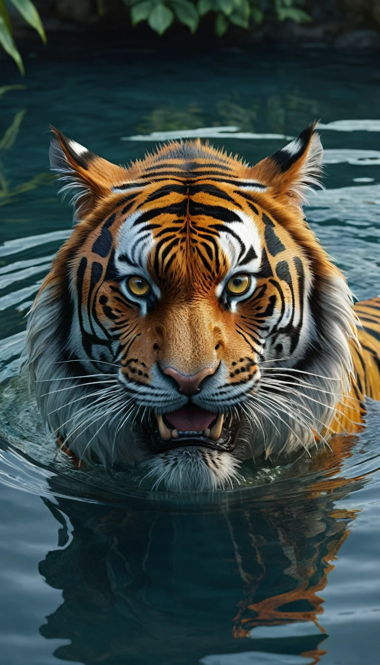 There is a creature in the water,Tiger's head,The body is a long Chinese dragon(best quality,4K,8k,High level,masterpiece:1.2),Ultra Detailed,(lifelike,Photo real,Photo real:1.37),Highly detailed animals,Complex patterns,Realistic lighting,Fantasy Creatures