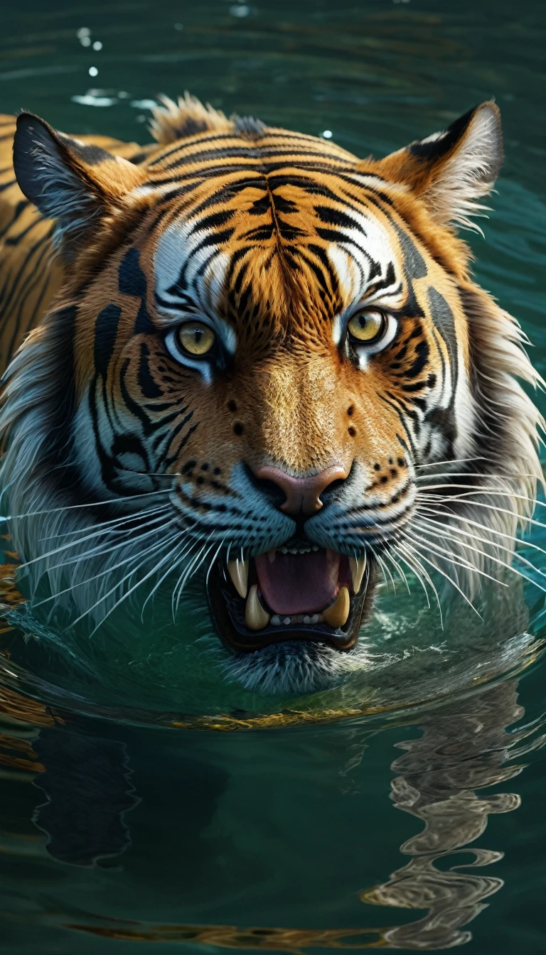 There is a creature in the water,Tiger's head,The body is a long Chinese dragon(best quality,4K,8k,High level,masterpiece:1.2),Ultra Detailed,(lifelike,Photo real,Photo real:1.37),Highly detailed animals,Complex patterns,Realistic lighting,Fantasy Creatures