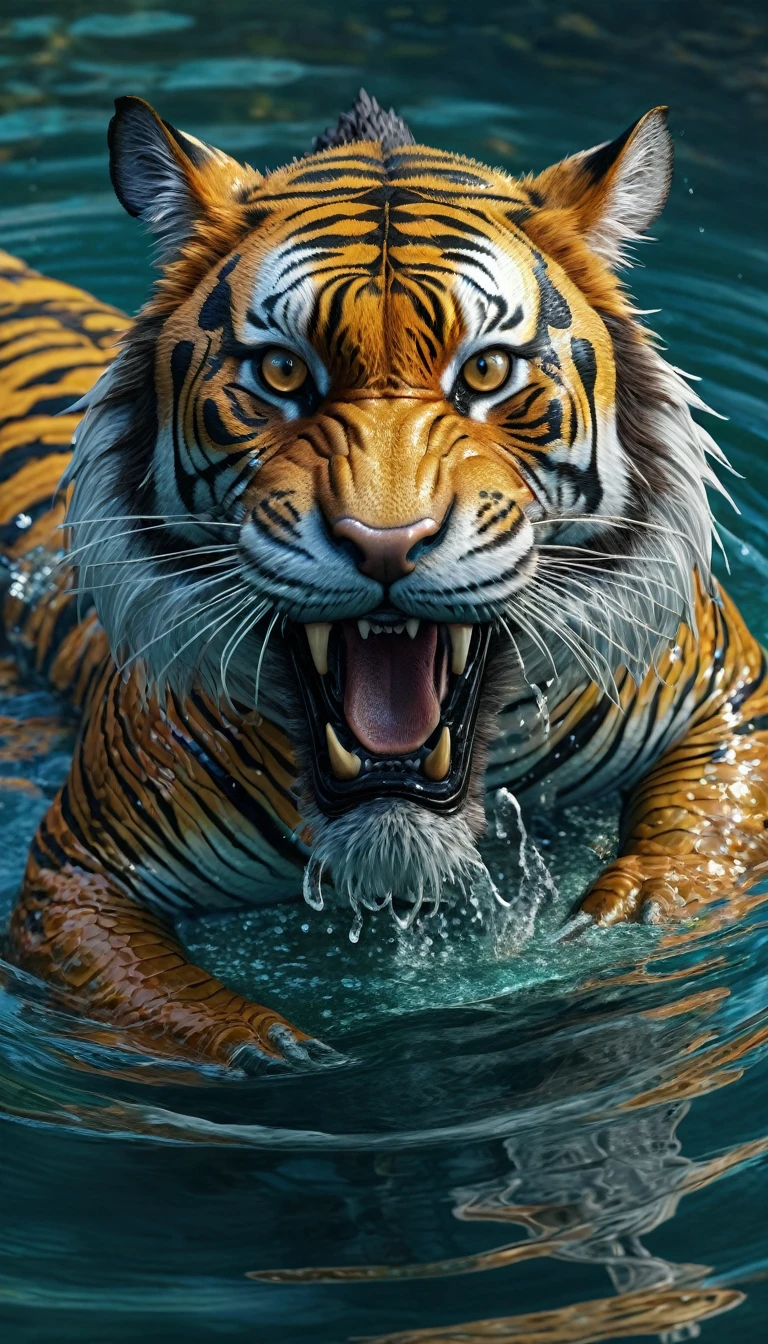 There is a creature in the water,Tiger's head,The body is a long Chinese dragon(best quality,4K,8k,High level,masterpiece:1.2),Ultra Detailed,(lifelike,Photo real,Photo real:1.37),Highly detailed animals,Complex patterns,Realistic lighting,Fantasy Creatures