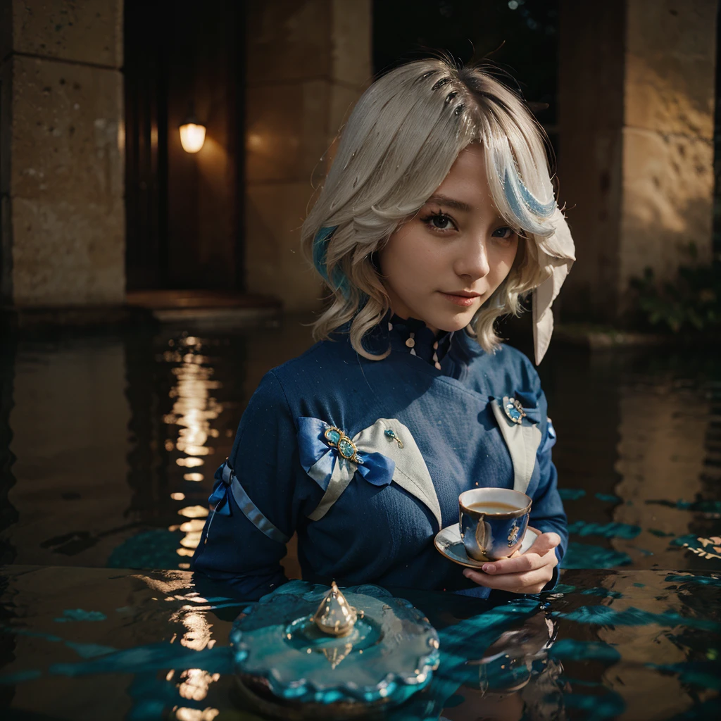 Beautiful girl, tea, cake, blue moon, night time, shiny, water
