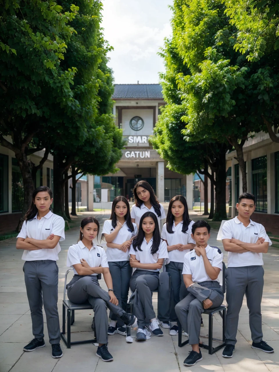 Four Indonesian women one sitting and three standing are posing for a group photo of three young Indonesian men posing with two men sitting and two men standing on the left and right sides, they are all wearing white uniforms and gray gray bottoms, in a school yard, realistic photography, cinematic photography, aestetic photography, wide angle, super detail, a very extraordinary masterpiece,  16K image quality