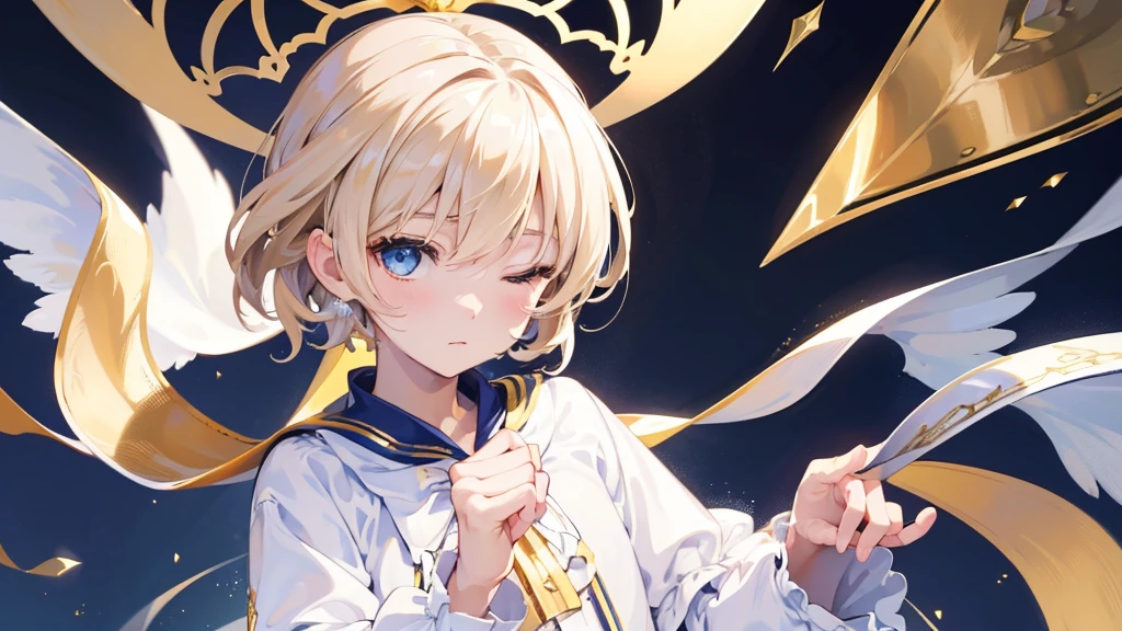 (Highest quality)　(4K)　(8k)　(High resolution)　(masterpiece:1.2)　(Super detailed)　One boy　short hair　Wizard　Blue Eyes　Long sleeve　Golden decoration　Hair between the eyes　Closed Mouth　White Dress　Wavy golden hair　Upper Body　large crown　(White Background)　(Cast a spell)　front　Face close-up