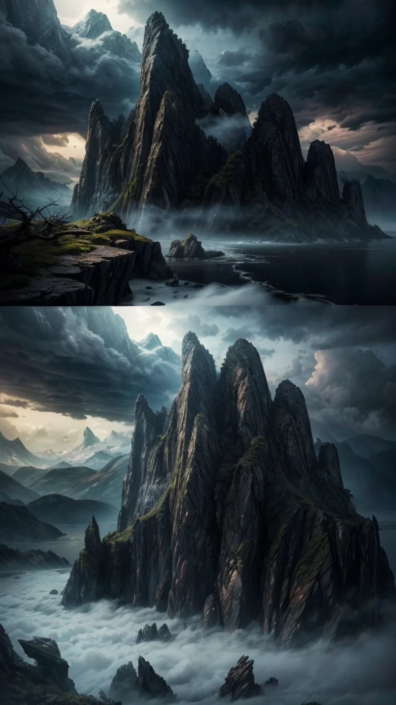 Panoramic view, lonely island on ocean, a mysterious and inaccessible dark fantasy island, rocky and rugged coastline, tall mountains with peaks hidden in the clouds, dragon island, ominous atmosphere, stormy weather, lightnings, dramatic lighting, moody and dramatic colors, (best quality,4k,8k,highres,masterpiece:1.2),ultra-detailed,(realistic,photorealistic,photo-realistic:1.37),dramatic lighting,moody colors,dark fantasy,horror,fantasy,dramatic clouds,rocky mountains,fog,storm, mist,dramatic coastline,jagged rocks,dragon,mystical island,dense forests,overgrown vegetation,abandoned structures,ruins,crumbling architecture