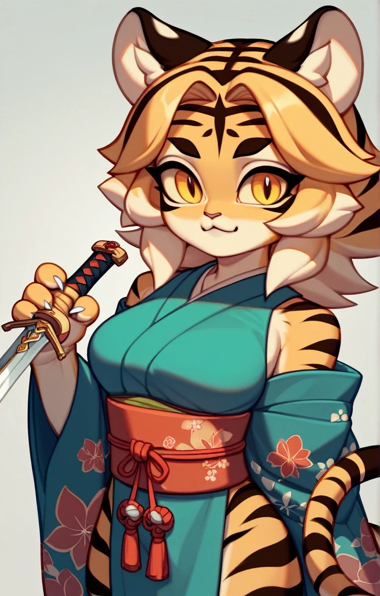 (masterpiece、cute))、((Tiger Girl、Sword in right hand、The left hand does not hold anything、A Cup))、kimono、alone、kemono、Cat girl、Female furry、Deformation,Chibi Character、Background crop、humanoid cheetah、Japanese Style、