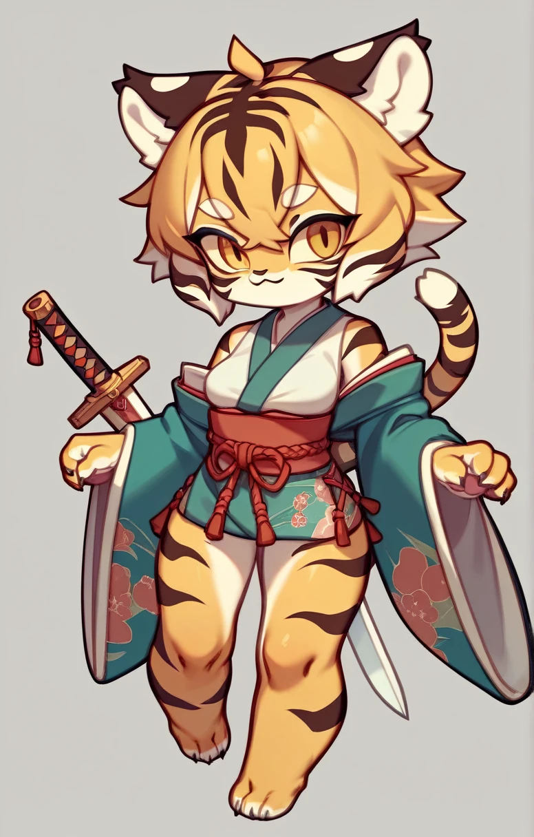 (masterpiece、cute))、((Tiger Girl、Sword in right hand、The left hand does not hold anything、A Cup))、kimono、alone、kemono、Cat girl、Female furry、Deformation,Chibi Character、Background crop、humanoid cheetah、Japanese Style、