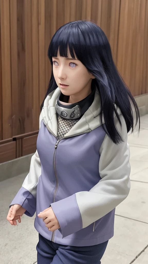 masterpiece, absurdres, 1girl, hinata\(shippuden\), solo,hooded jacket, fishnets, headband around neck, looking at viewer,  floating hair,  wind, blue pants, 