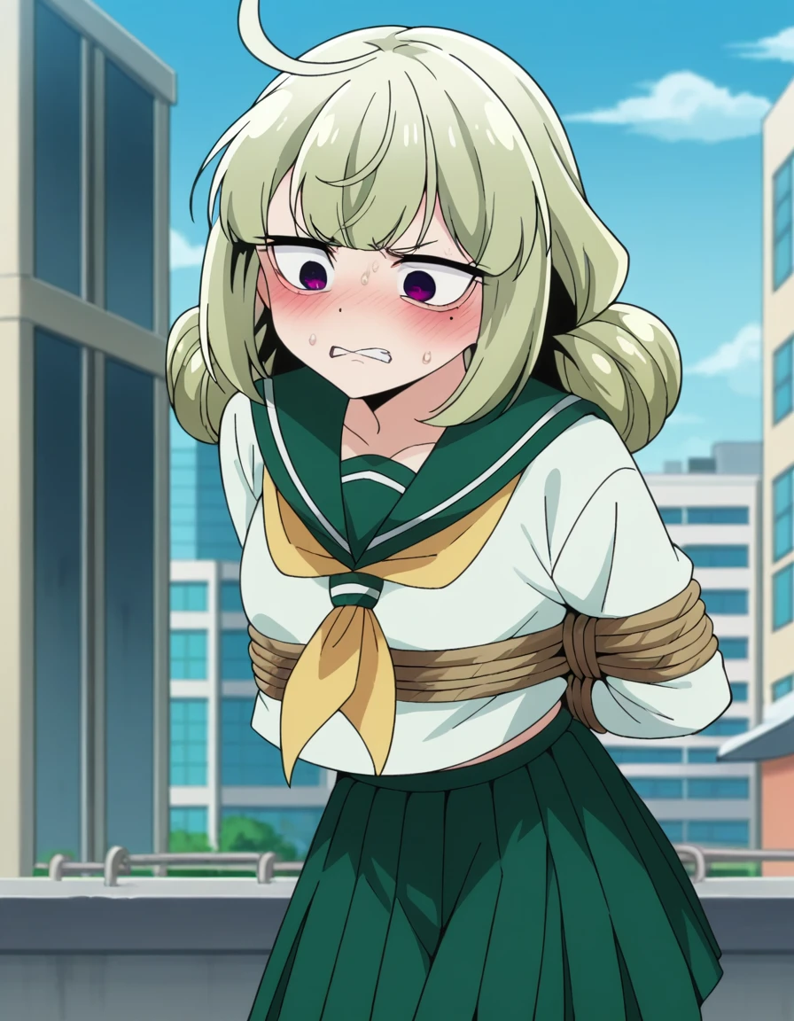 score_9, score_8_superior, score_7_superior, sauce_anime,
Kiwi Raga, See Kiwi。, bangs, Ahoge, Mole, Mole under eye, Purple eyes, Green Hair, Hair Bun, double Hair Bun, blush,Painful expression skirt, shirt, Long sleeve, , white shirt, Pleated skirt, Seraphim, Sailor collar, neckerchief, Green Skirt, green Sailor collar,
Outdoor, Cityscape, Tied up with rope,Struggling