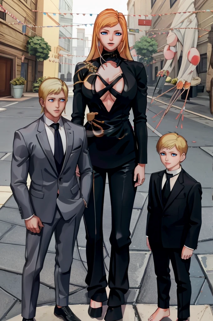 Tall wife in the middle, short husband in the left, short son in the right, beautiful faces, wife is wearing suit and pants, wife has big , wife is showing cleavage, wife is ripped, wife's suit has a belly button cutout, wife has ripped visible abs, make the girls even more taller than the boys, boys are very thin and weak, boys wearing suit and pants, wife is standing barefoot, boys are wearing office shoes