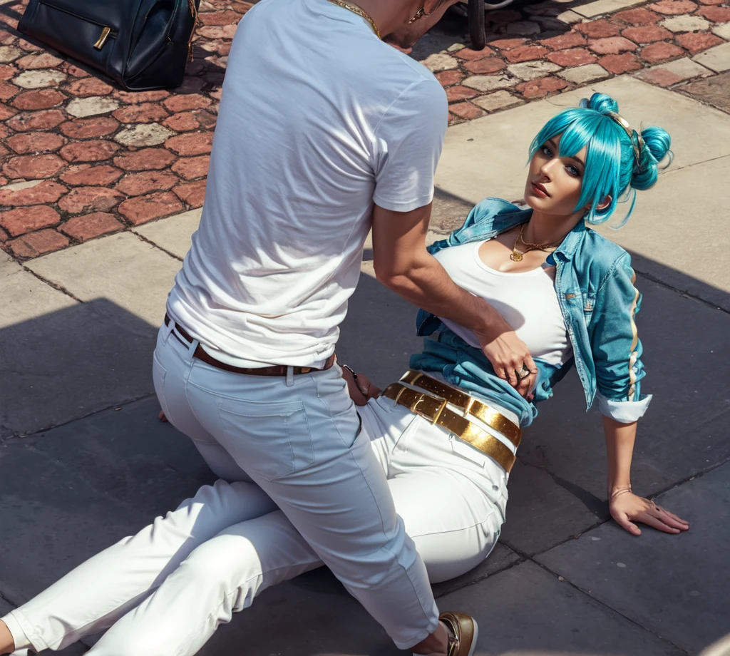 adult french milf woman with cyan blue hair, space bun haircut, gold T-shirt, white trousers, gold belt, sitting on the ground, Men sittng on the women