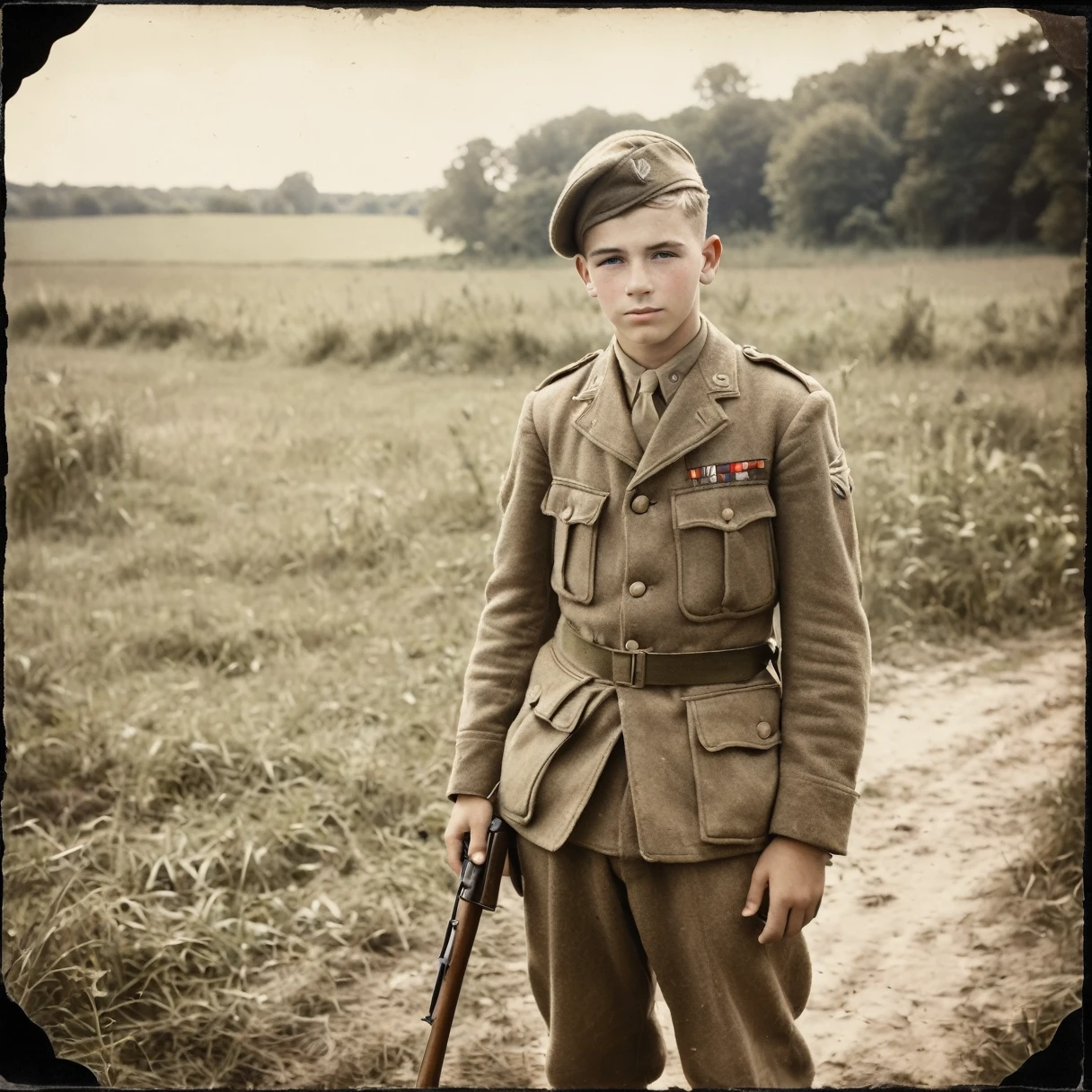 vintage photo of a teenage soldier in world war 2, normandy, dressed in OPEN CHEST american infantry clothes, natural light, film grain, distressed edges, vignette