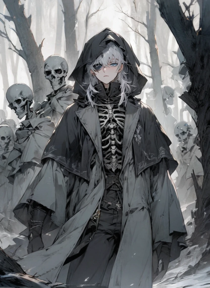 young man ,Male Dark, dark Woods, cold gray colors, man white hair with blue eye have eyebags, Warlock dnd , Skeleton army in background