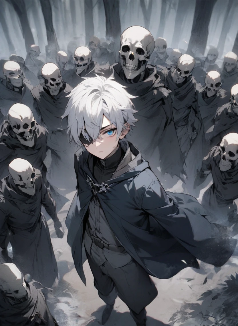 young man ,Male Dark, dark Woods, cold gray colors, man white hair with blue eye have eyebags, Warlock dnd , Skeleton army in background