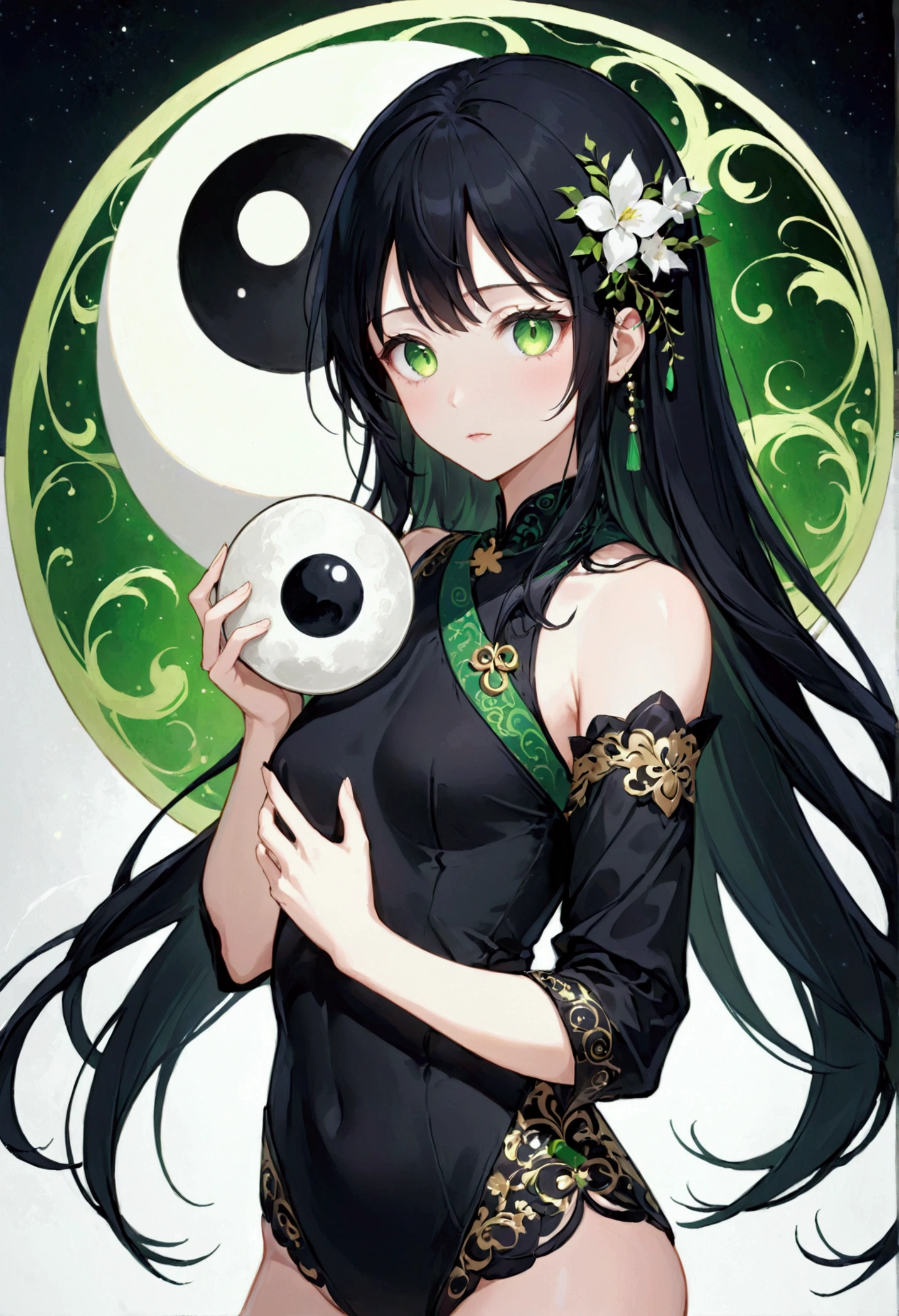 Anime girl, Long black hair, green eyes,aesthetic body, holding Ying yang symbol