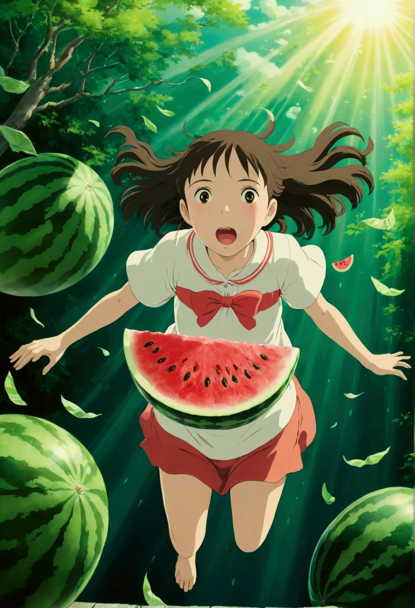 Ghibli　summer 　flying　 See the watermelon ghost　Surprised　girl