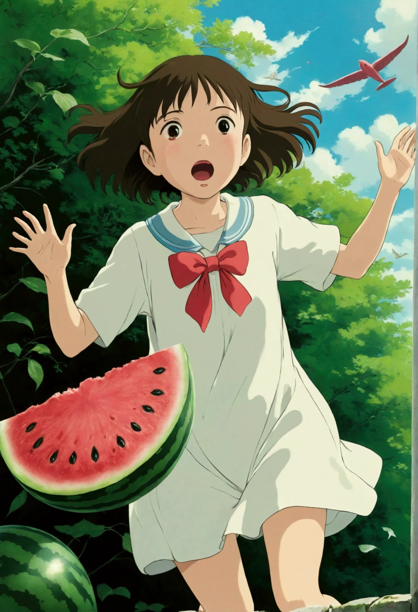 Ghibli　summer 　flying　 See the watermelon ghost　Surprised　girl