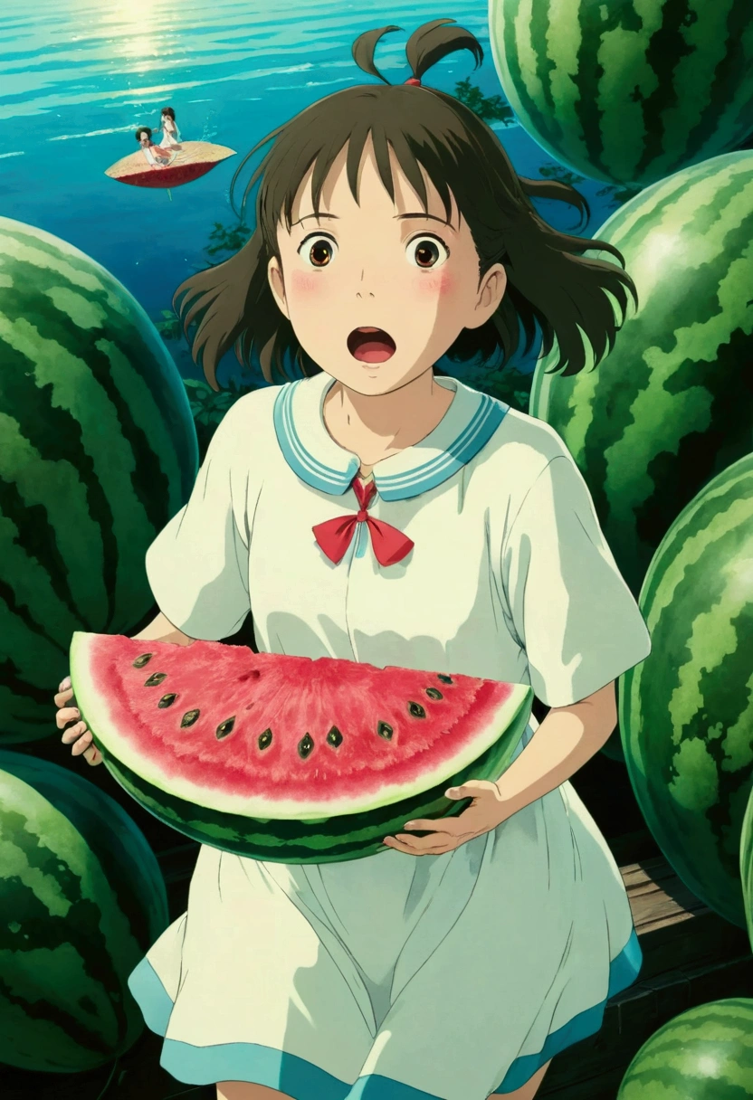 Ghibli summer flying See the watermelon ghost Surprised girl