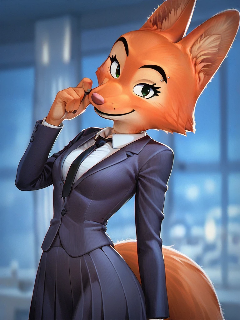 score_9, score_8_up, score_7_up, score_6_up, score_5_up, score_4_up, 
Diane_Foxington, ginger fur, emerald eyes, black lipstick, black eyebrows, silver piercings on eyebrow, fox tail, (((skirt suit))), (((three-piece suit))), (((dress shirt))), (((necktie))), (((blazer))), (((suit jacket))), ((waistcoat)), double-breasted waistcoat, (((bodycon miniskirt))), pocket square, cufflinks, tie clip, smirk, looking at viewer, 
