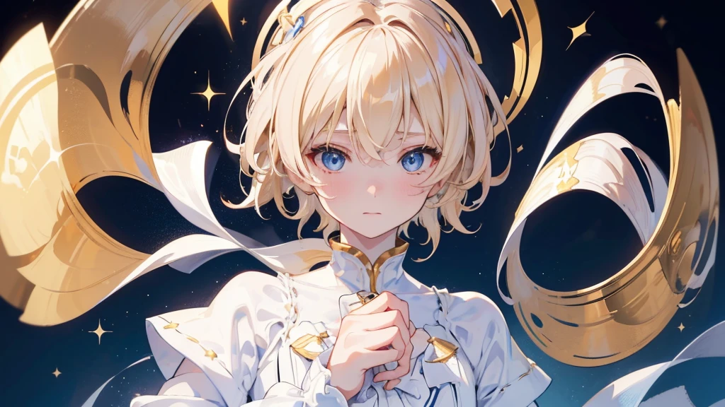 (Highest quality)　(4K)　(8k)　(High resolution)　(masterpiece:1.2)　(Super detailed)　One boy　short hair　Wizard　Blue Eyes　Long sleeve　Golden decoration　Hair between the eyes　White Dress　Wavy golden hair　Upper Body　large crown　(White Background)　(Cast a spell)　front　Face close-up