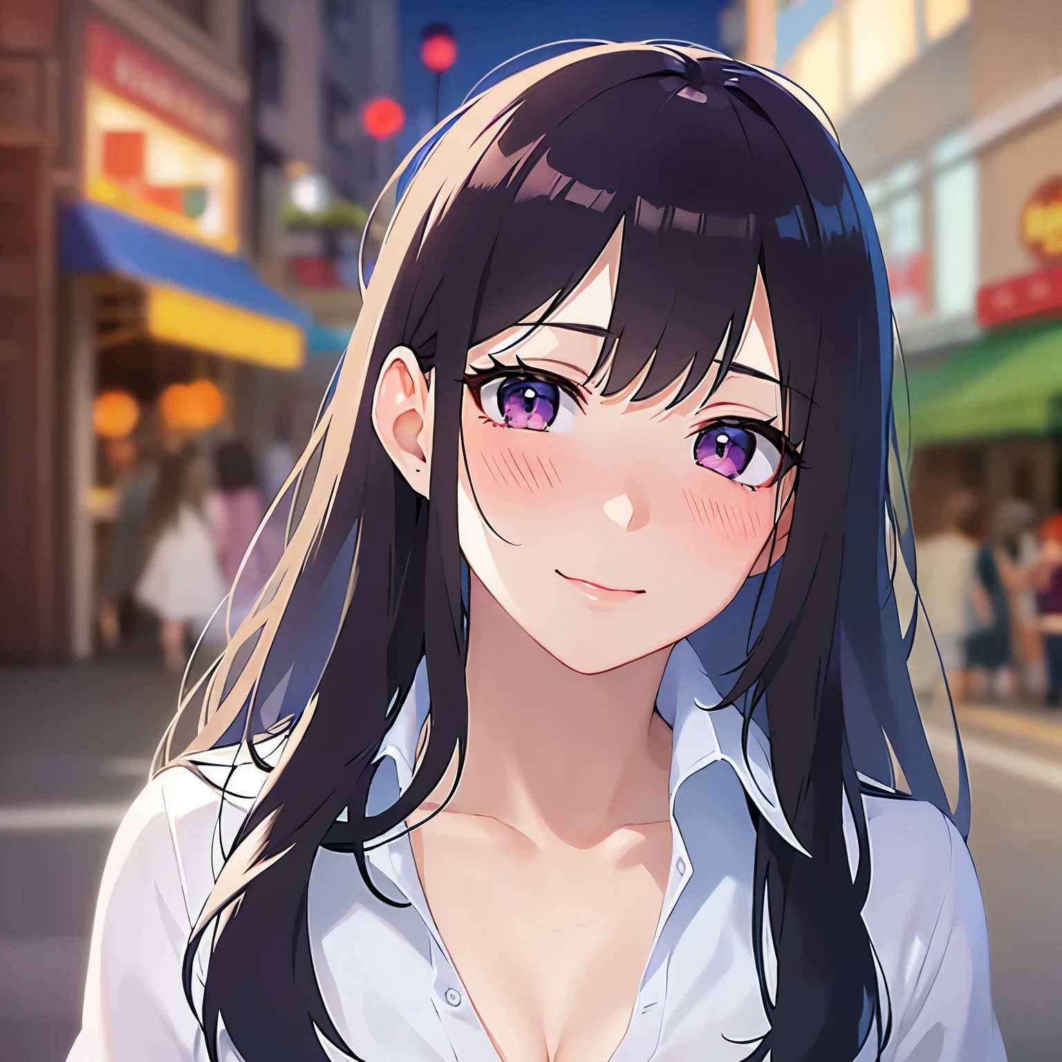side angle, hand on own face、Biologically correct five fingers、Close-up of your face、head tilt, Cleavage、Realistic, real person, (pale skin: 1.2), RAW photo, photorealistic, shiny skin, shiny hair、(A 25-year-old woman with straight hair and bangs) and (medium hair) and (black hair) and (purple eyes) , (white) and (collared shirt)、smile, (blush:1.5), The background is a shopping street at night、Alone、Are standing