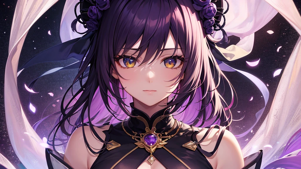 Highest quality, 8k, 4K, High resolution, High Contrast,1girl,only,Beautiful dark purple hair,(Beautifully detailed face), Yellow clear eyes, beautiful eyes, A gentle expression of love, ２０generation, Beautiful breasts, Wearing an amethyst, Deep purple gemstone, Based on purple, Precise landscape, Noble Japanese Clothing