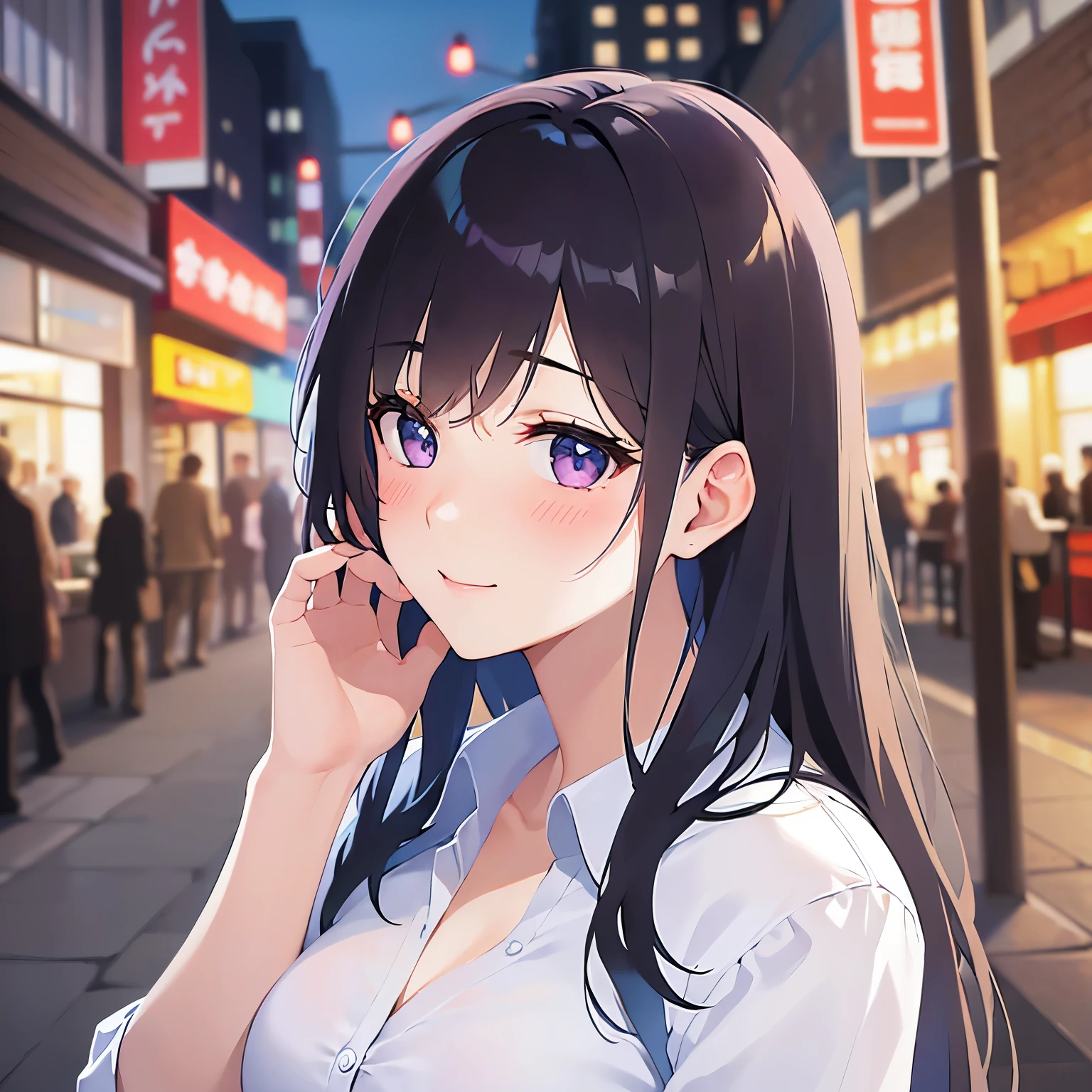 side angle, hand on own face、Biologically correct five fingers、Close-up of your face、head tilt, Cleavage、Realistic, real person, (pale skin: 1.2), RAW photo, photorealistic, shiny skin, shiny hair、(A 25-year-old woman with straight hair and bangs) and (medium hair) and (black hair) and (purple eyes) , (white) and (collared shirt)、smile, (blush:1.5), The background is a shopping street at night、Alone、Are standing