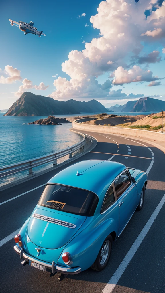 Travel season poster cover,There is a blue car carrying,Blue sky background,Pixar style,3D Rendering,Vibrant colors,High Saturation,Lively atmosphere。