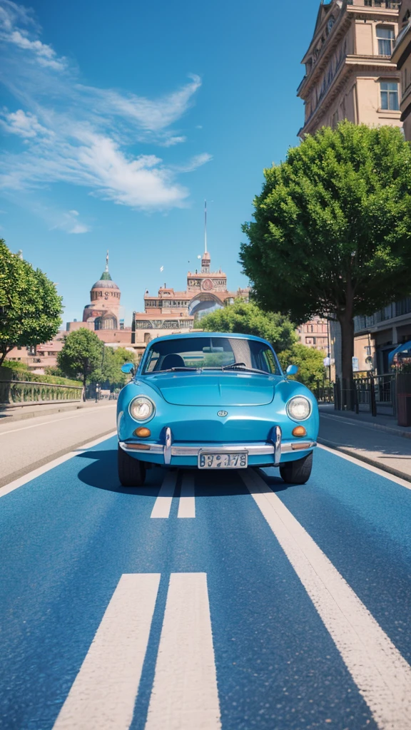 Travel season poster cover,There is a blue car carrying,Blue sky background,Pixar style,3D Rendering,Vibrant colors,High Saturation,Lively atmosphere。